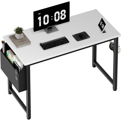 Bureau d'ordinateur blanc moderne avec sac de rangement et crochet pour casque amovible, structure en métal noir robuste, table d'écriture et d'étude compacte