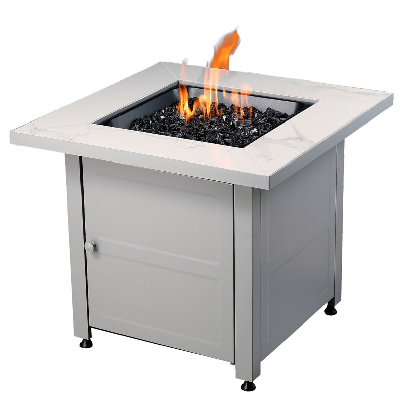 Gray Faux Marble Gas Fire Pit Table with Steel Base