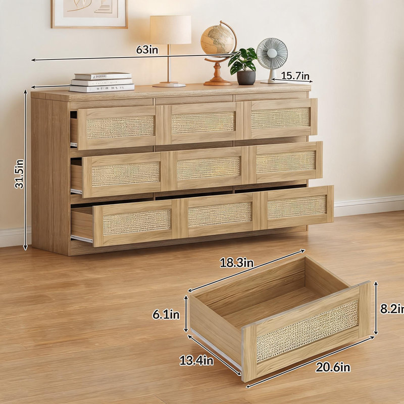 Commode 63 pouces pour chambre à coucher, commode 9 tiroirs en rotin pour commode, commodes doubles en bois et commode pour tables de chevet, meubles télé, salon, entrée, vestibule, vestiaire.