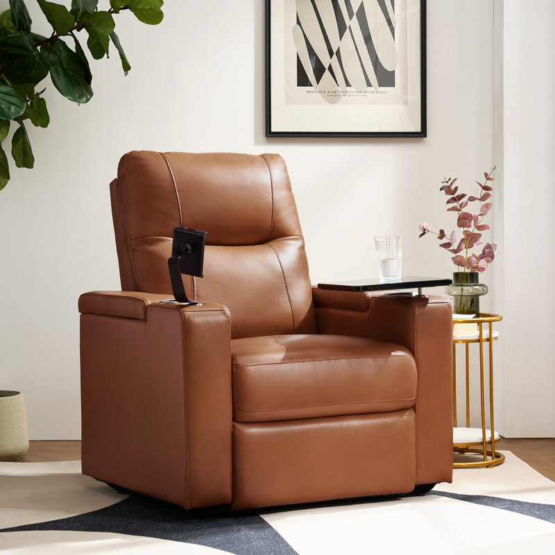 Lapin Genuine Leather Dual Motor Home Theater Power Recliner with Adjustable Power Headrest, Saddle Genuine Leather