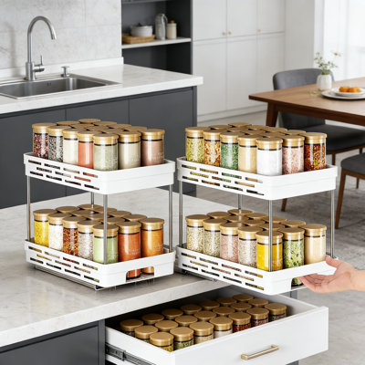 Pull Out Spice Rack Organizer For Cabinet, 2-Tier Widen Slide Out Spice Rack With Ball Bearing Slides, Holds 15 Jars Per Tier, Easy No-Drill Installation, 2-Pack