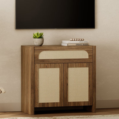 Sophia Farmhouse 31.5" W Rattan TV Stand up to 45" TV, Wabi-Sabi Wooden Entertainment Center with Drawer and Doors for Living Room, Walnut