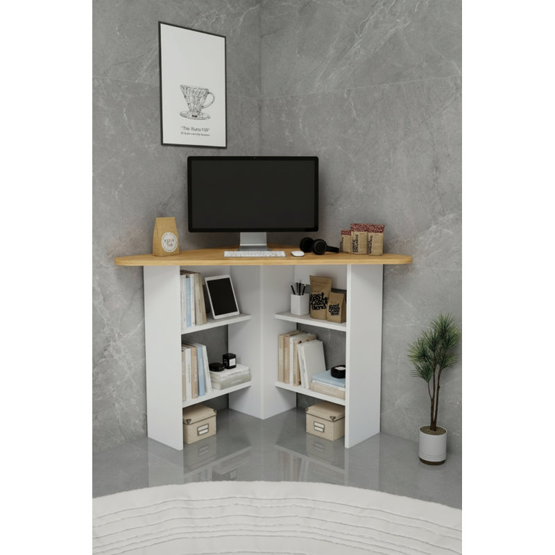Corner Computer Desk with Shelves, Sapphire Oak/White