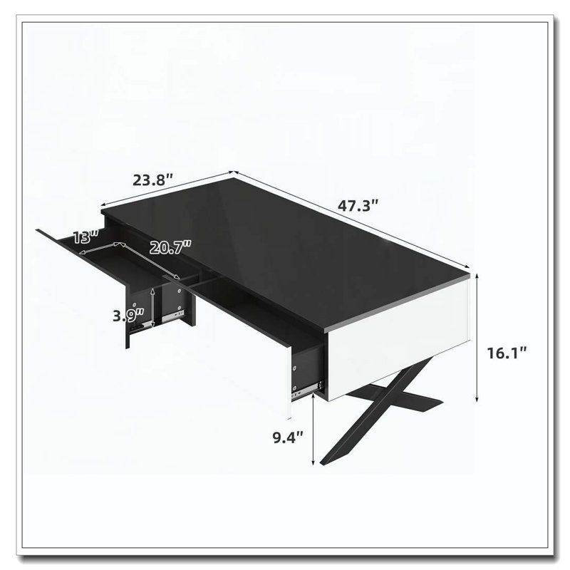 Table basse rectangulaire à miroir pour le salon avec rangement et base en métal, 2 tiroirs, plateau noir ultrabrillant