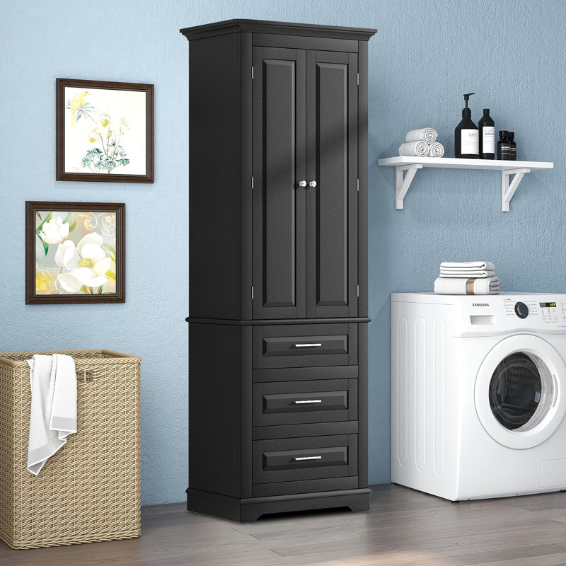Armoire à linge de salle de bain autoportante avec poignées en métal Coster, Noir