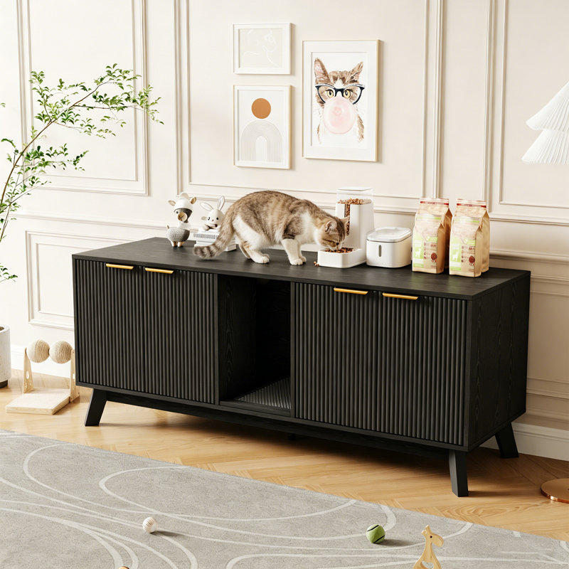 Enceinte de litière pour chat pour 2 chats, meubles de litière cachée avec tapis de litière pour chat, grande maison pour animaux de compagnie avec chambre double, table d'appoint en bois pour meuble télé, noir