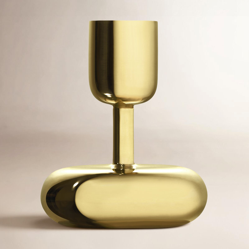 Juba H Tabletop Candlestick Holder with Candle Included, 4.25" H x 3.5" W x 3.5" D, Solid Brass