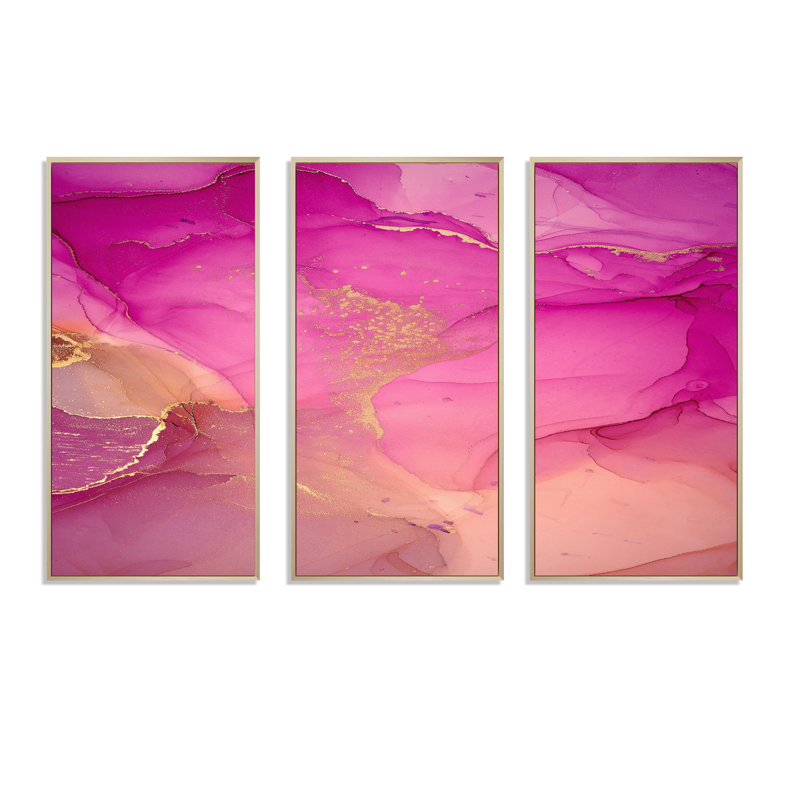Ensemble abstrait d'art mural en toile abstraite, nuage d'encre rose doré - nuages d'encre rose et or, Encadrement brun