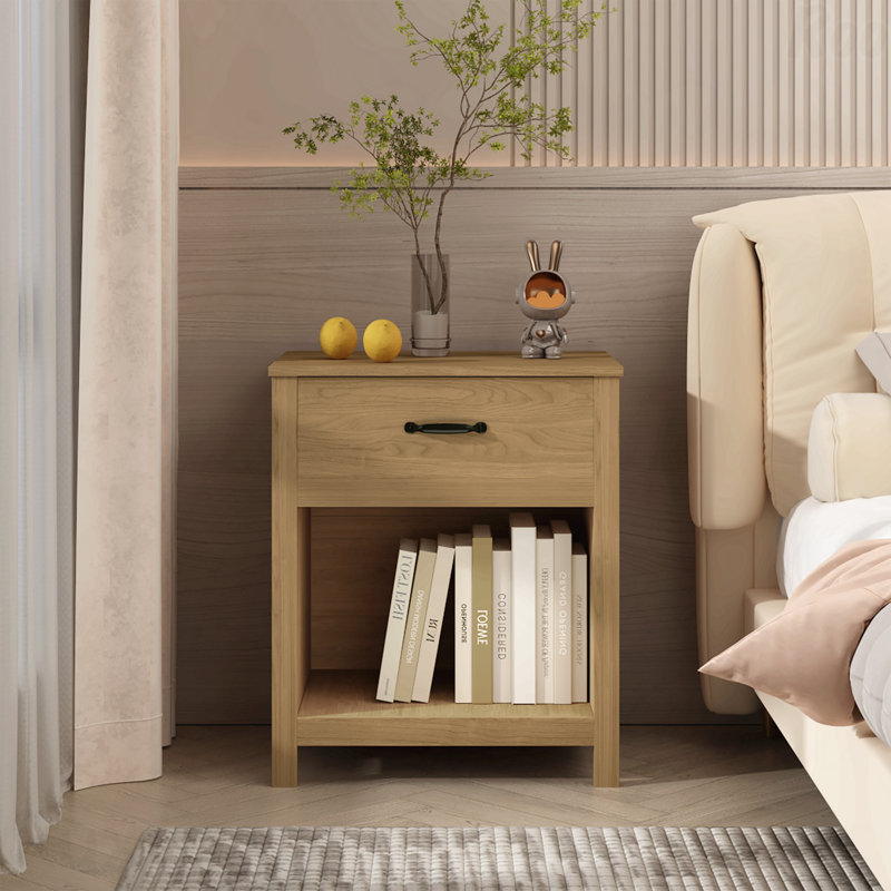Table de chevet moderne à 1 tiroir avec tablette ouverte, finition bois naturel