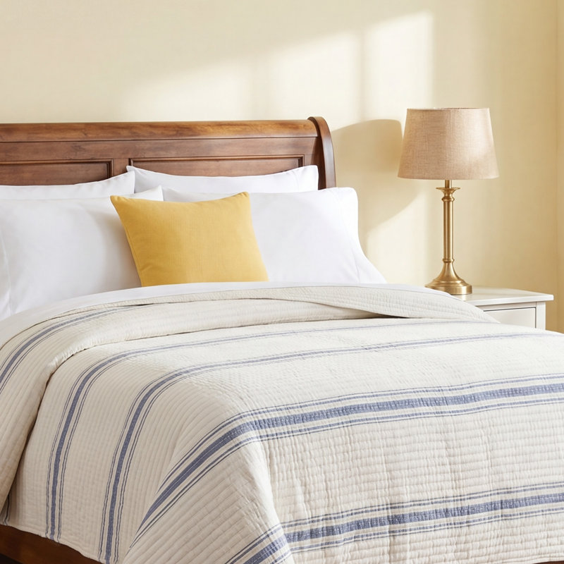Oakleaf Cotton Striped Quilt, Navy, King Quilt