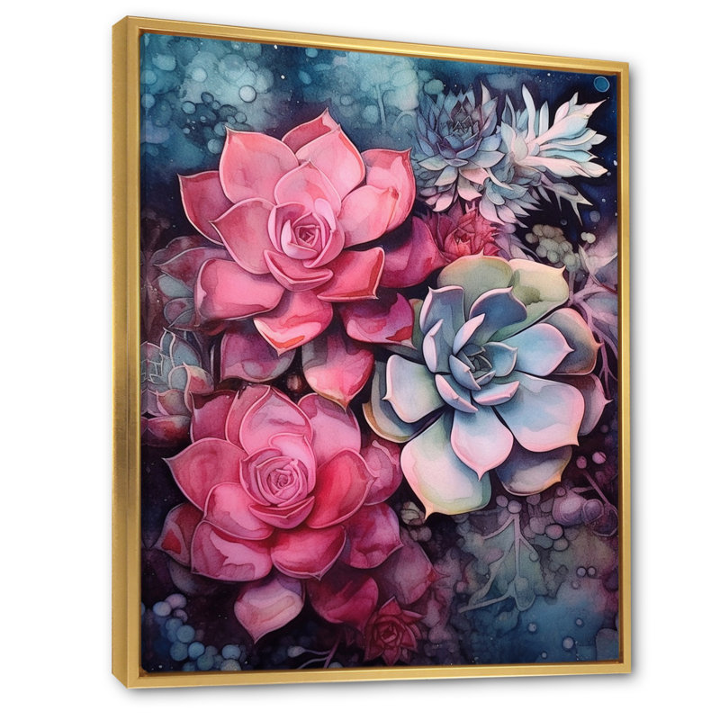 Rose, bleu sarcelle, résilience succulente, H 32 po x l 16 po x P 1 po, Cadre flottant doré