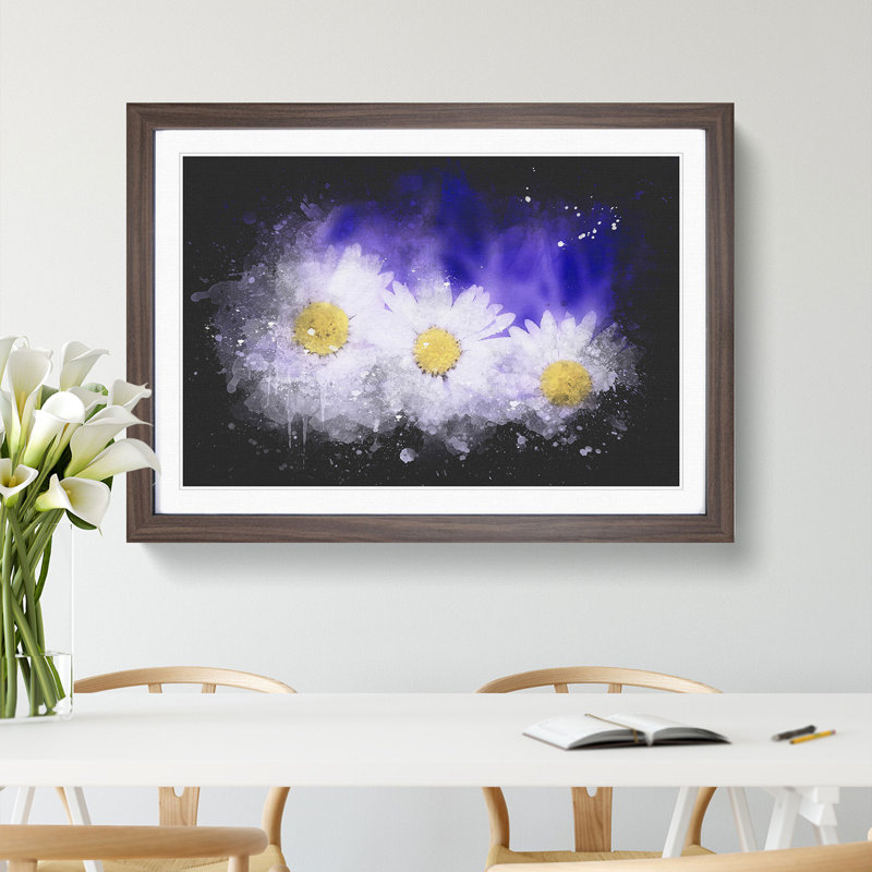 Three White Daisies Paint Splash - Picture Frame Graphic Art, 27cm H x 36cm W x 2cm D, Walnut