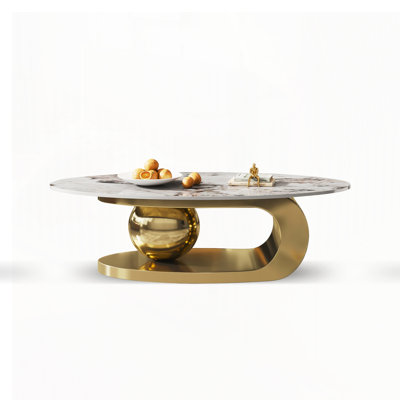 Oval Faux Marble Coffee Table for Living Room with Stainless Steel Base