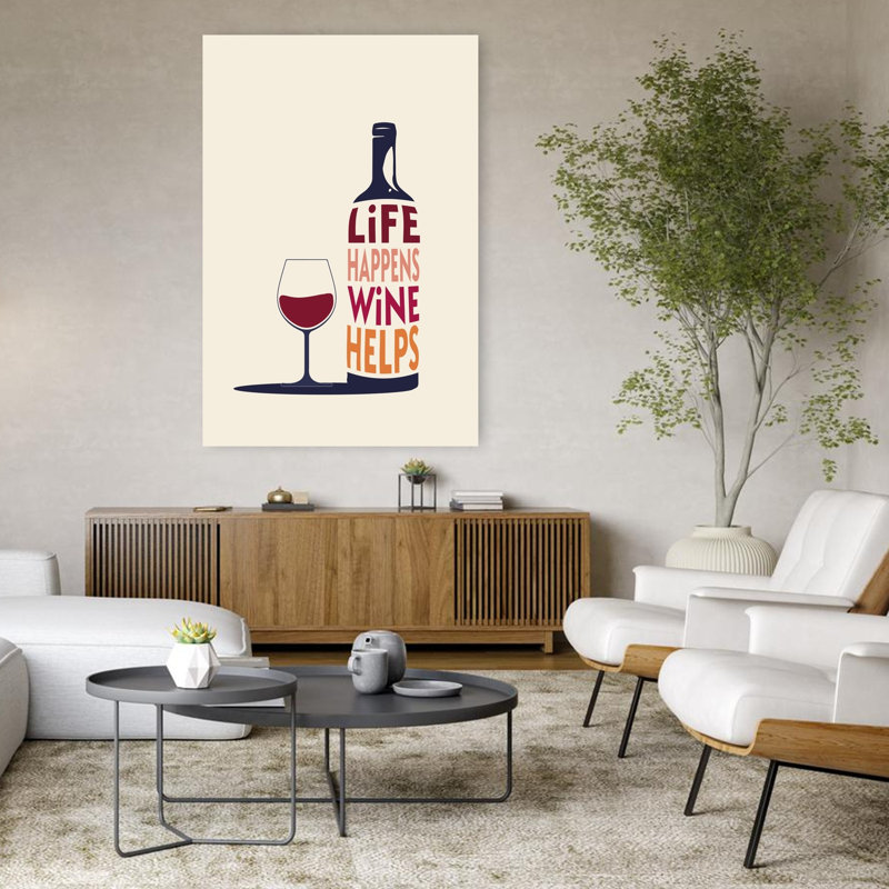 Art mural moderne minimaliste Life Happens Wine Helps, H 48 po x l 32 po