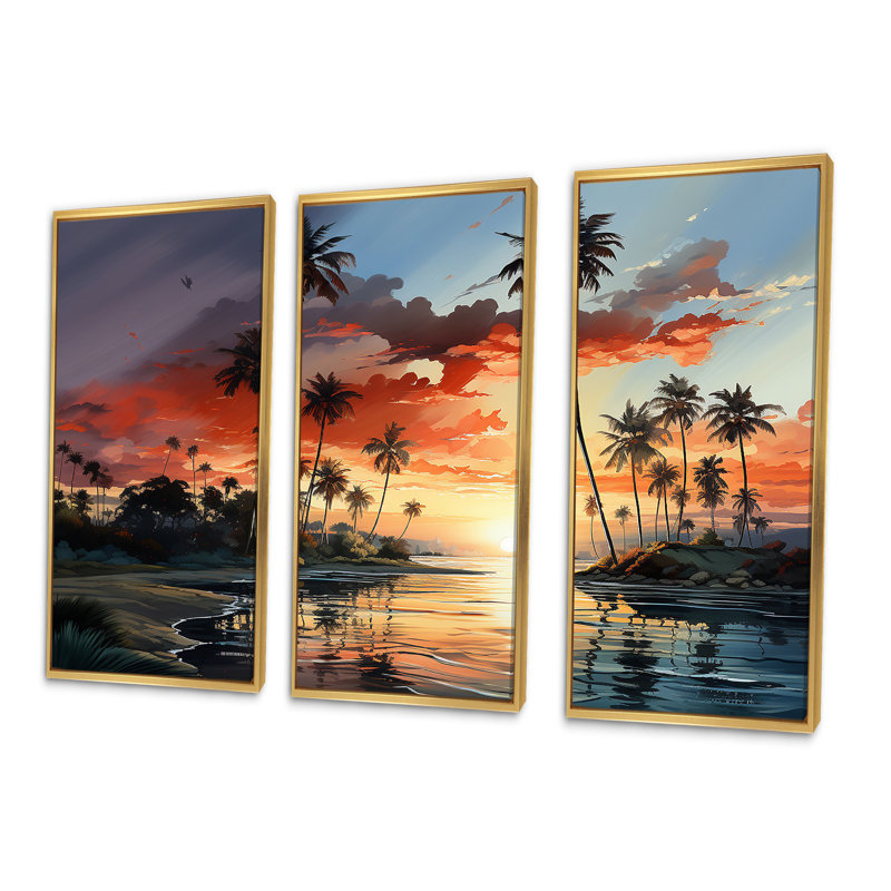 Palms palmiers Serenity Sunset - ensemble d'art mural sur toile palmiers et palmiers, Cadre flottant doré