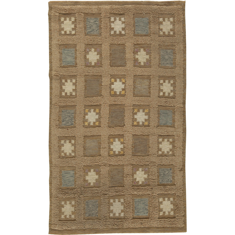 Tapis brun / beige en laine vintage fait à la main 4 pi 4 po x 7 pi 3 po Vintage