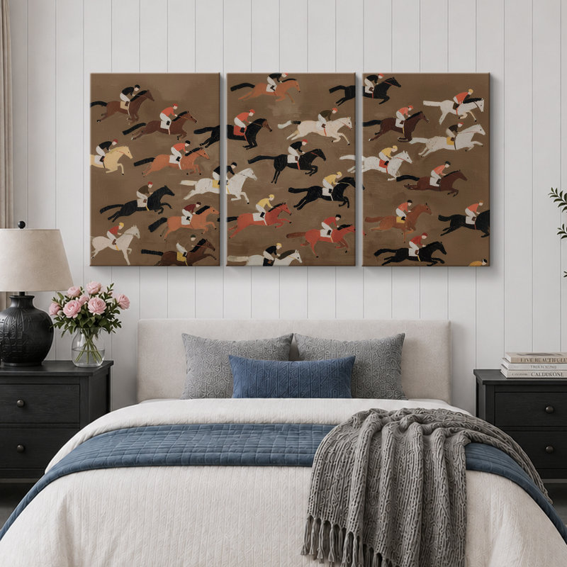 «Vintage Racehorse Riders Pattern Triptych», reproduction d'art sur toile encadrée 3 pièces, Toile tendue