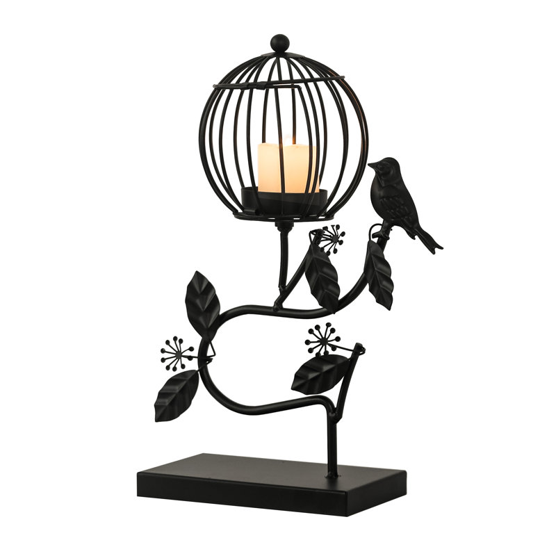 11.61" Bird Cage Iron Table Candle Lantern, Black