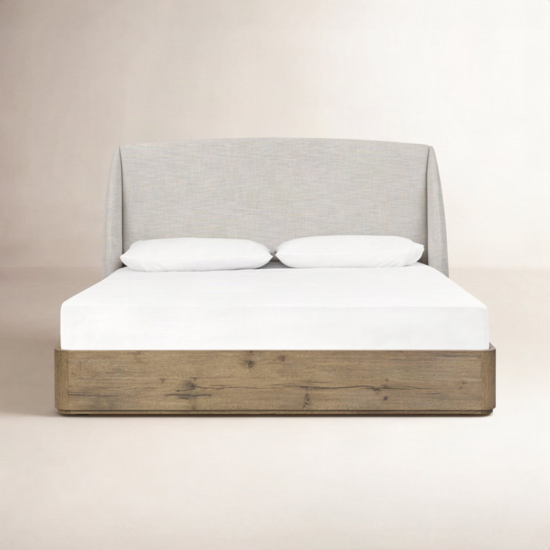 Tenby Camela Upholstered Wingback Bed, Queen, Cambric Ivory/Natural Oak