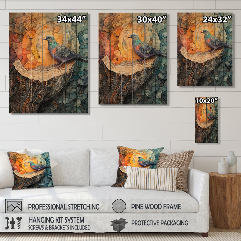 «Dove Animal At The Forest On Slide I» - Art mural en bois colombe - sur bois de pin naturel, H 44 po x l 34 po x P 0,78 po