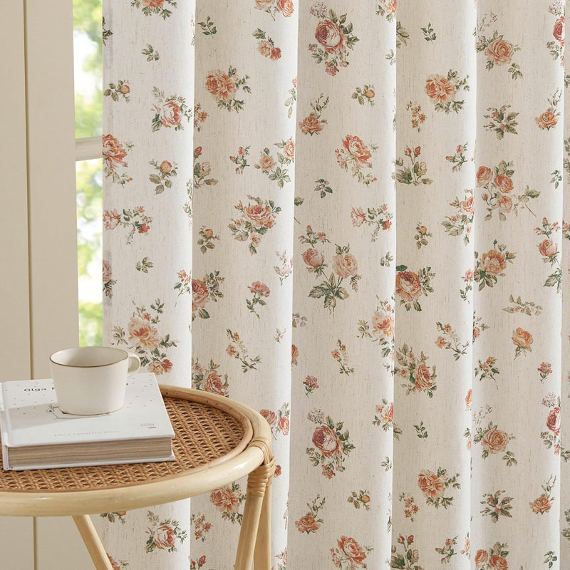 Vintage Rose Floral Curtains for Bedroom & Living Room, Linen Blend Drapes with Shabby Chic Floral Pattern, Privacy & Light Filtering, Romantic Country Style, 2 Panel