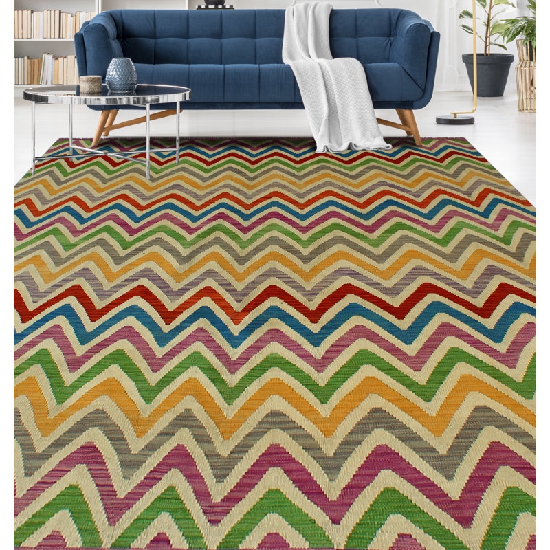 Tapis vert / rouge / jaune en laine noué à la main de conception unique 8 pi 3 po x 9 pi 7 po Jamyleth