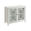 Console blanche - Table rectangulaire à 2 portes avec tablette intérieure, portes vitrées et pieds fuselés en bois, rangement à 2 portes pivotantes.
