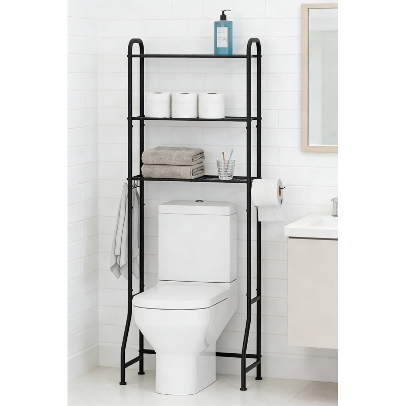 Over The Toilet Storage Cabinet With Paper Holder And Hooks, Adjustable Shelf Bathroom Organizer, Space-Saving Rustproof Metal Shelf Unit For Bathroom Storage