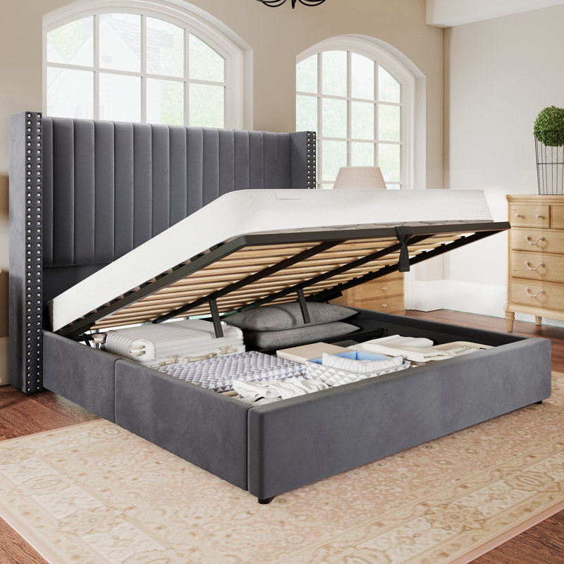 Leesburg King Hydraulic Lift Storage Bed, Upholstered Wingback Bed with Channel Tufted Headboard, Grey, Grey, King