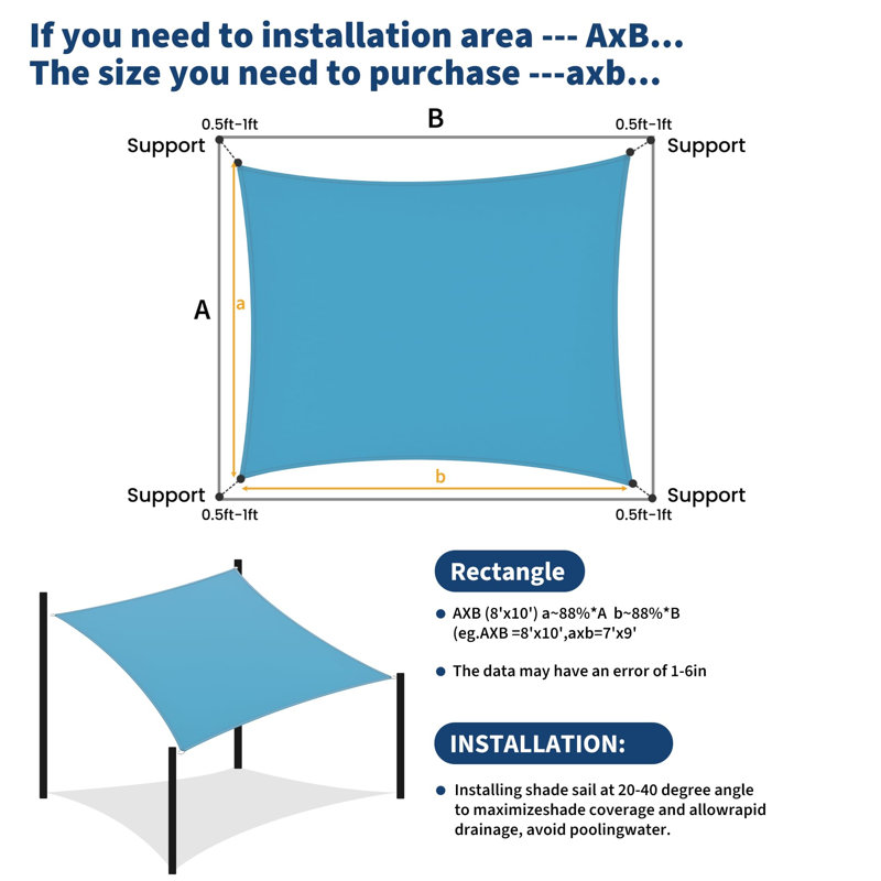 Blue 8x10 FT Rectangle Sun Shade Sail with UV Blocking Shade Cloth, Outdoor Canopy for Backyard, Deck or Garden, Blue