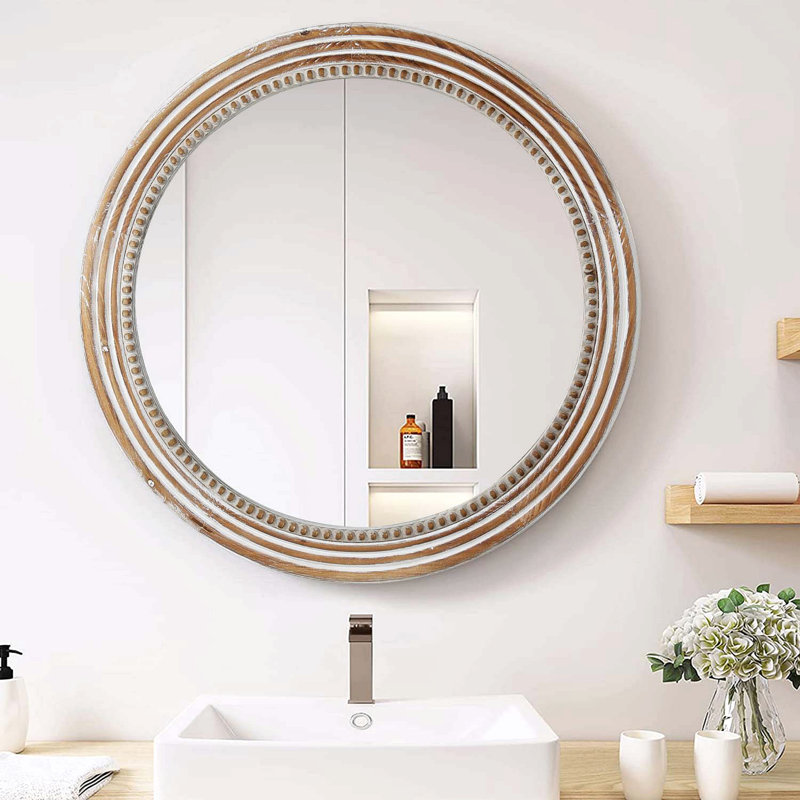Miroirs décoratifs ronds en bois pour la décoration murale, miroir rustique circulaire pour chambre à coucher, salle de bain, salon, miroir d'entrée pour la maison et le bureau avec perles