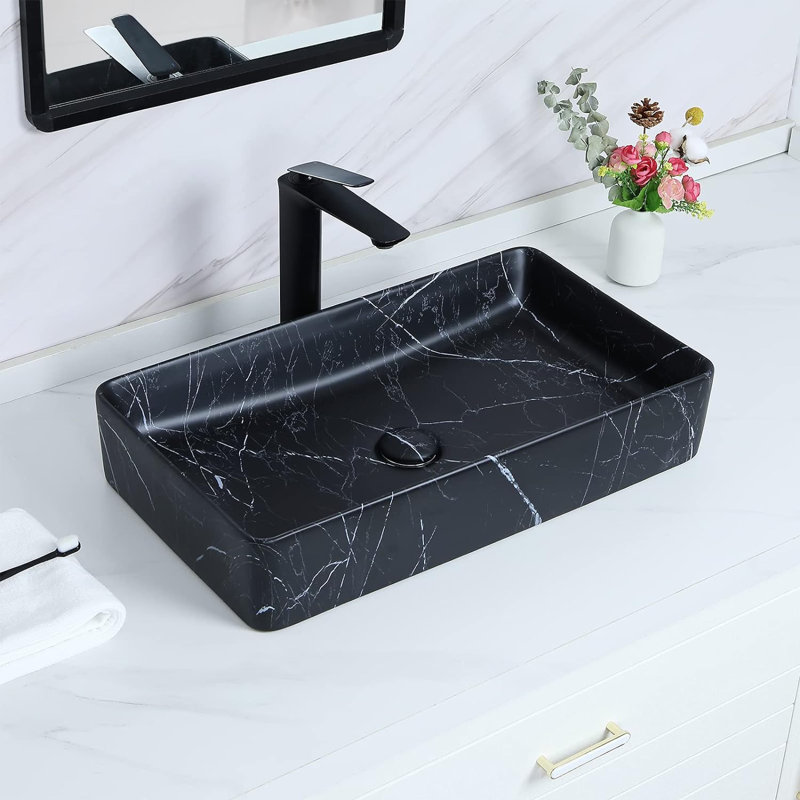 Lavabo de salle de bain vasque rectangulaire en céramique noire 13,3 po avec comptoir Davivy