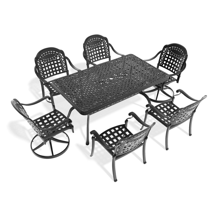 7 ensembles de salle à manger en fonte d'aluminium pour l'extérieur, 2 chaises pivotantes, 4 tables rectangulaires, noir, anticorrosion, sièges pour 6 convives, structure noire,