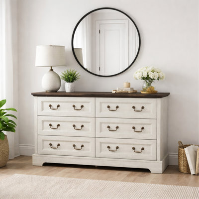 Commode 6 tiroirs Farmhouse, commode en bois rustique avec poignées en métal, large meuble télé avec commode pour la chambre à coucher, le salon, le couloir et la salle à manger (gris)