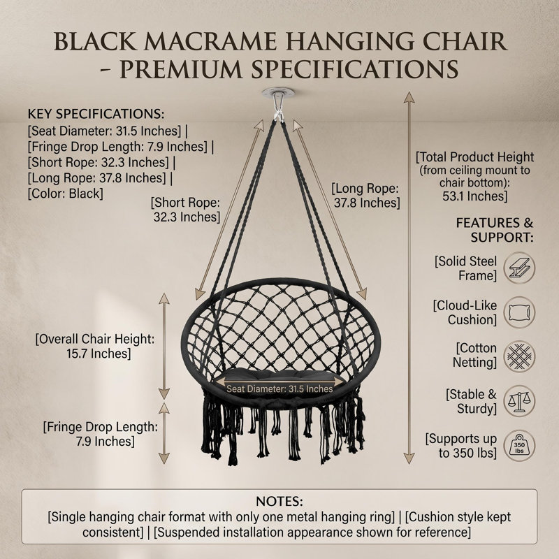 Balancelle stable en macramé, chaise suspendue pour chambre à coucher avec coussin épais, balancelle robuste pour chambre à coucher avec structure en acier thermolaqué