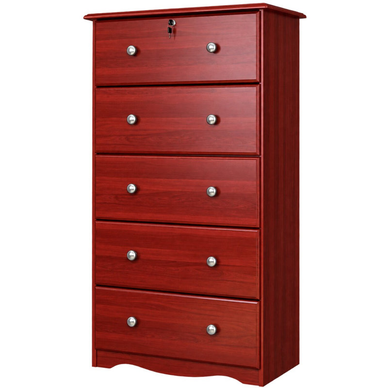 Commode 5 tiroirs 100% bois massif avec serrure et boutons en métal, Acajou