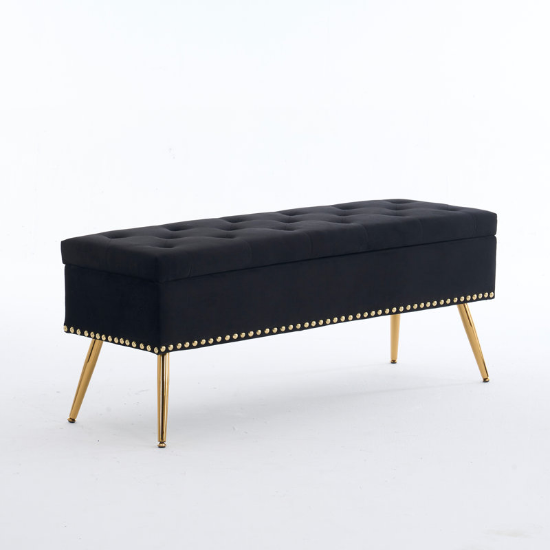 Banc repose-pieds en velours avec rangement, Noir, H 18 po x l 46 po x P 15,5 po