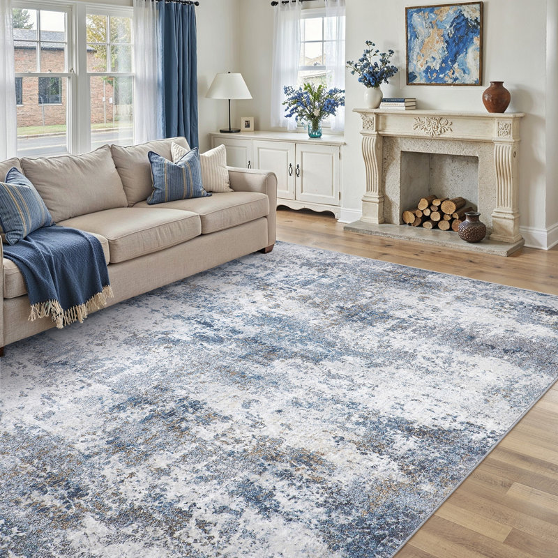 Tapis abstrait lavable à la machine avec envers antidérapant Elroy, 0.35", Blue, Rectangle 9 pi x 12 pi