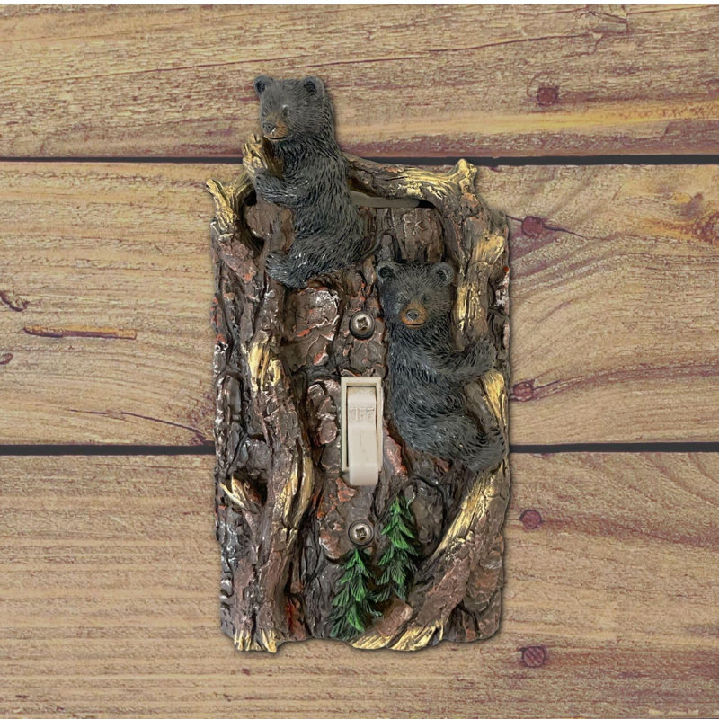 Resin Rustic Single Toggle Switch Cover Black Bear with Tree Branch Design