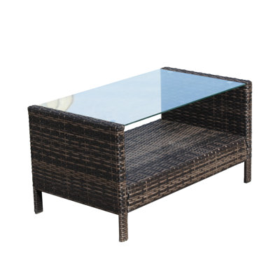 Brown Outdoor Coffee Table With Tempered Glass Surface, 34.6X20.5X17.7Inch, Protected, Assembly Tools Included Patio Frame, Clear Glass, Water , Assemble Promptly Now