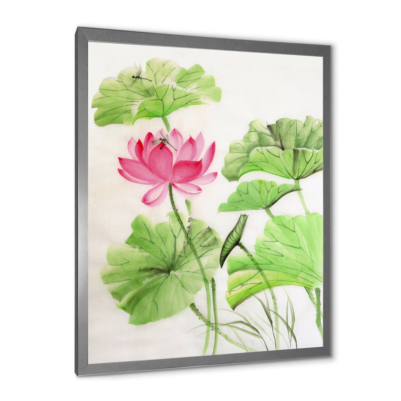 Lotus et libellule - reproduction sur toile, Toile avec cadre argenté, H 40 po x l 30 po x 1,5 po