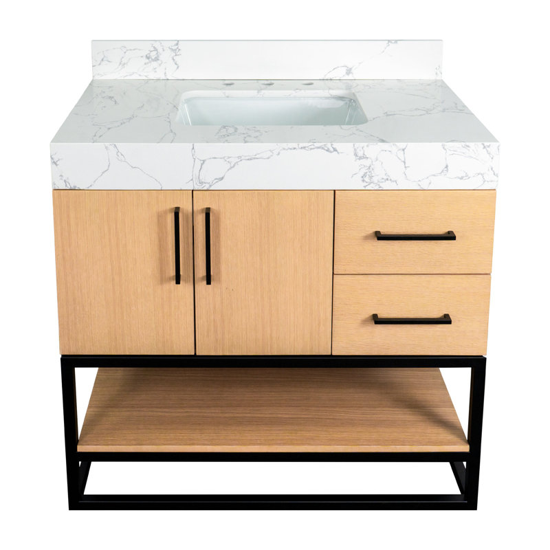 Meuble-lavabo simple 36 po avec plateau en pierre reconstituée Kaysha, Blond