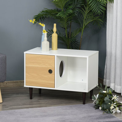 Chat surélevé blanc avec coussin, rangement pour fournitures, étagère en bois pour animal de compagnie, intérieur confortable, coussin de maison