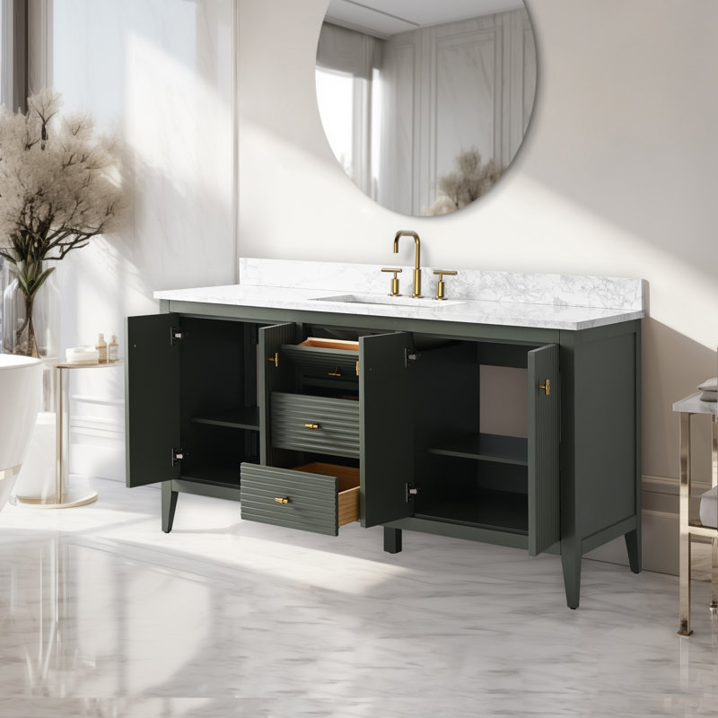 60'' Single Bathroom Vanity with Engineered Marble Top, Golden Brushed, Linear Vintage Green