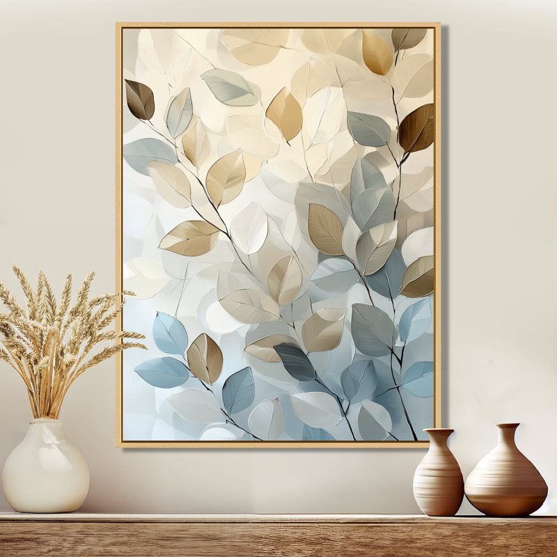 Feuilles et branches murmurantes - Tableau botanique encadré bleu, H 44 po x l 34 po, Cadre naturel flottant