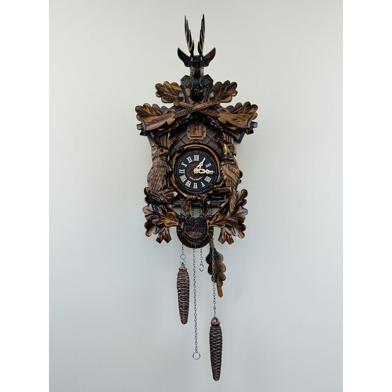  Pendule à coucou à quartz allemand avec sculptures en feuille de chêne