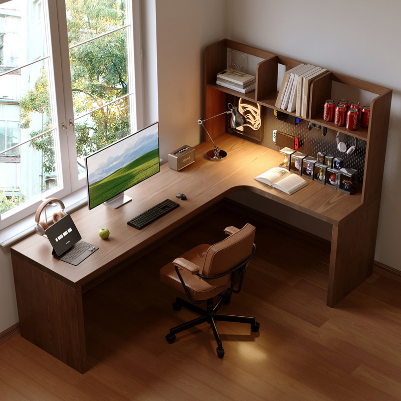Nut-brown L-Shaped Solid Wood writing desk, Right Hand Return, 61.02" H x 78.74" W x 55.12" D