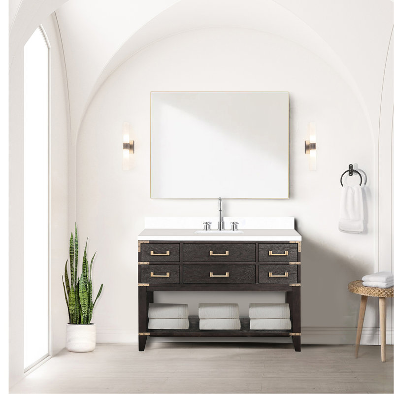 Meuble-lavabo en chêne brun l 48 po x P 22 po avec plateau en marbre de culture fine - structure en bois massif, fermeture en douceur, 5 tiroirs et tablette ouverte pour rangement 48 po 22 salles de bain en bois,