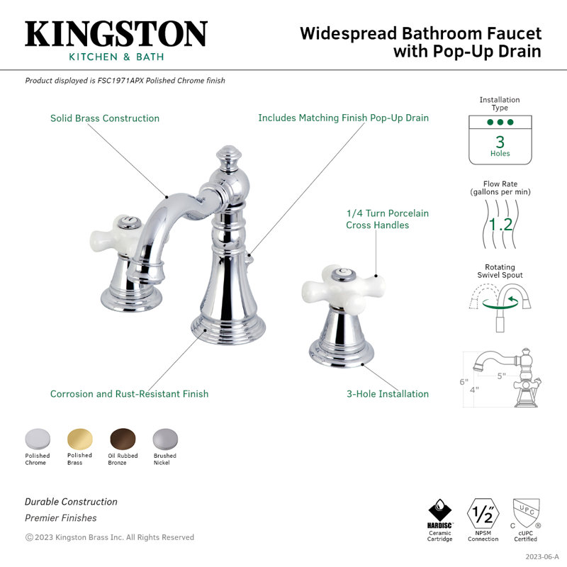 Kingston Brass American Classic Two-Handle 3-Hole Deck Mount Widespread Bathroom Faucet with Pop-Up Drain, Polished Chrome
