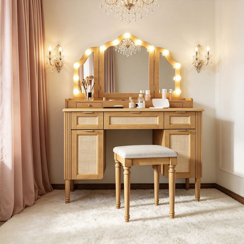 Vanity Desk with Lights, 44.37" 5 Drawers, Charging Station, Natural
